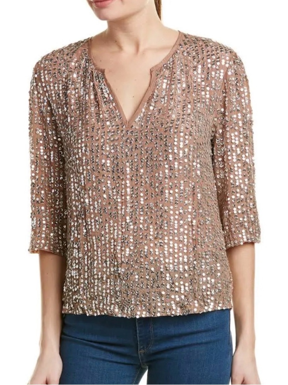VELVET BY GRAHAM & SPENCER BROWN 3/4 SLEEVE SEQUIN SHIRT WOMENS SZ XS